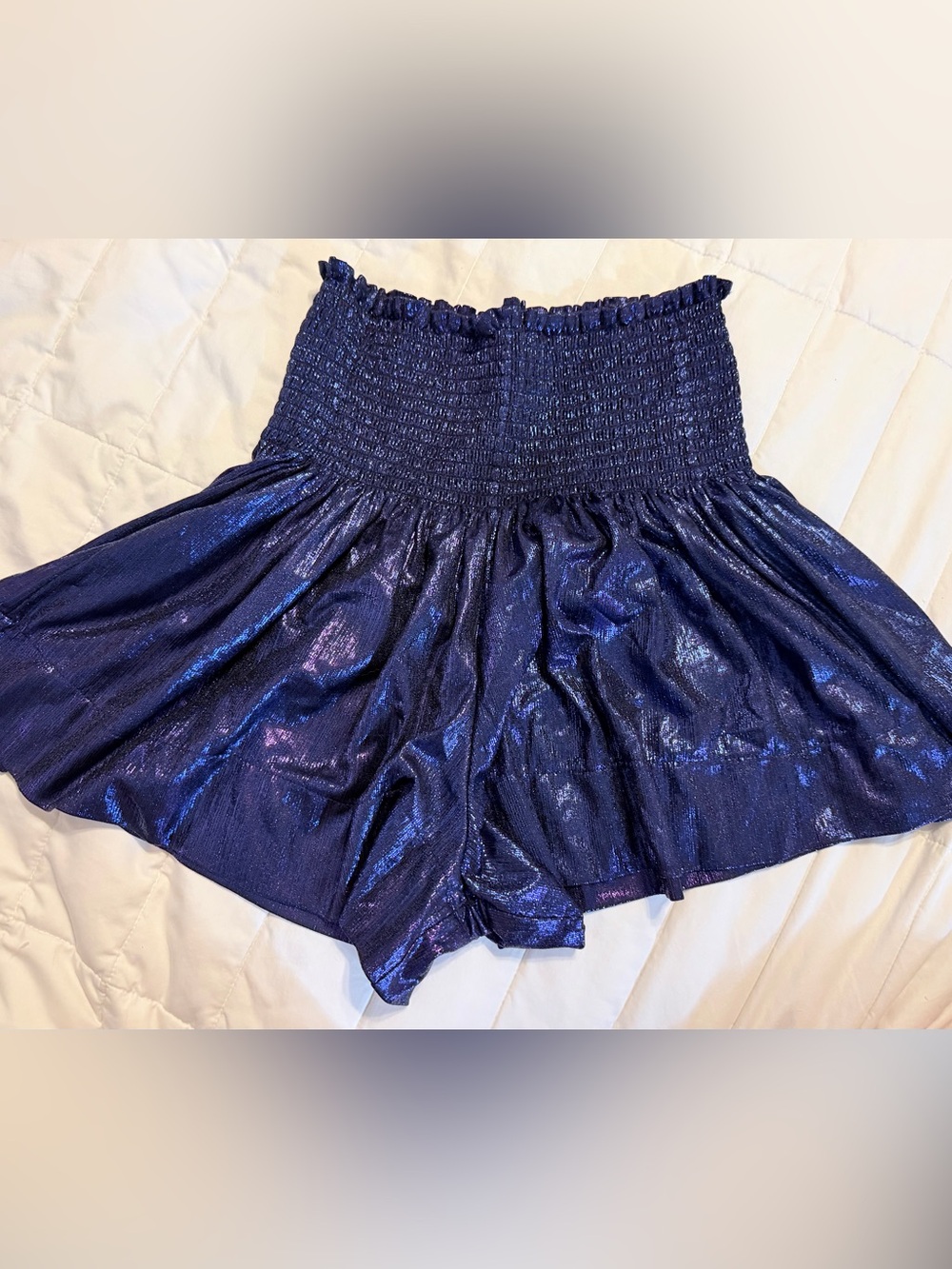 QUEEN OF SPARKLES Shimmery Navy Blue Smocked Waist Shorts